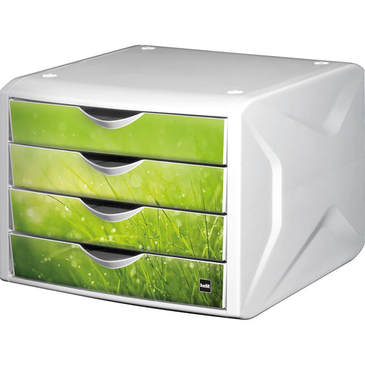 helit Schubladenbox the chameleon 4 Schubladen DIN A4, DIN C4 Polypropylen Gehäusefarbe: weiß Farbe der Schublade: grün