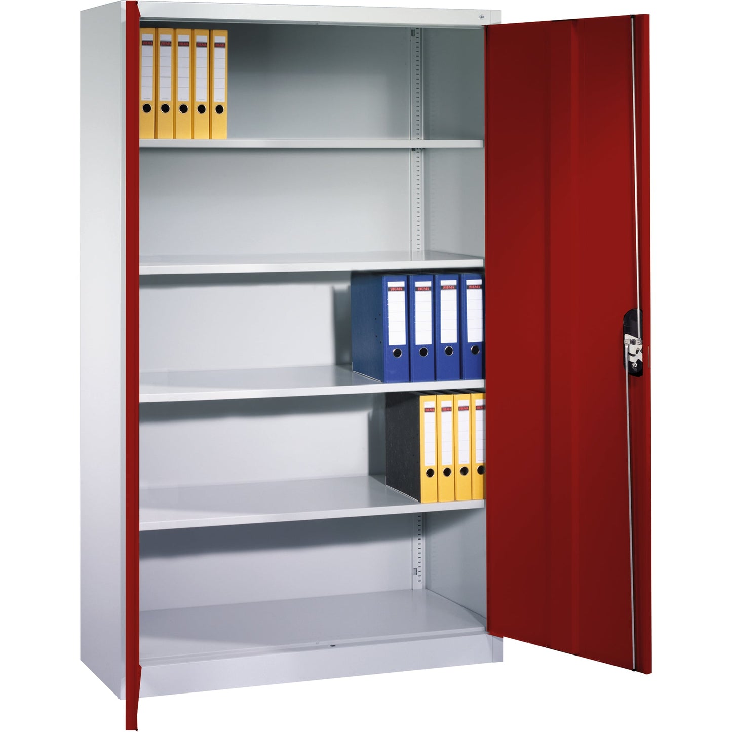 C+P Flügeltürenschrank Acurado 1.200 x 1.950 x 400 mm (B x H x T) 4 Fachböden Stahl Farbe der Front: rubinrot Farbe des Korpus: lichtgrau