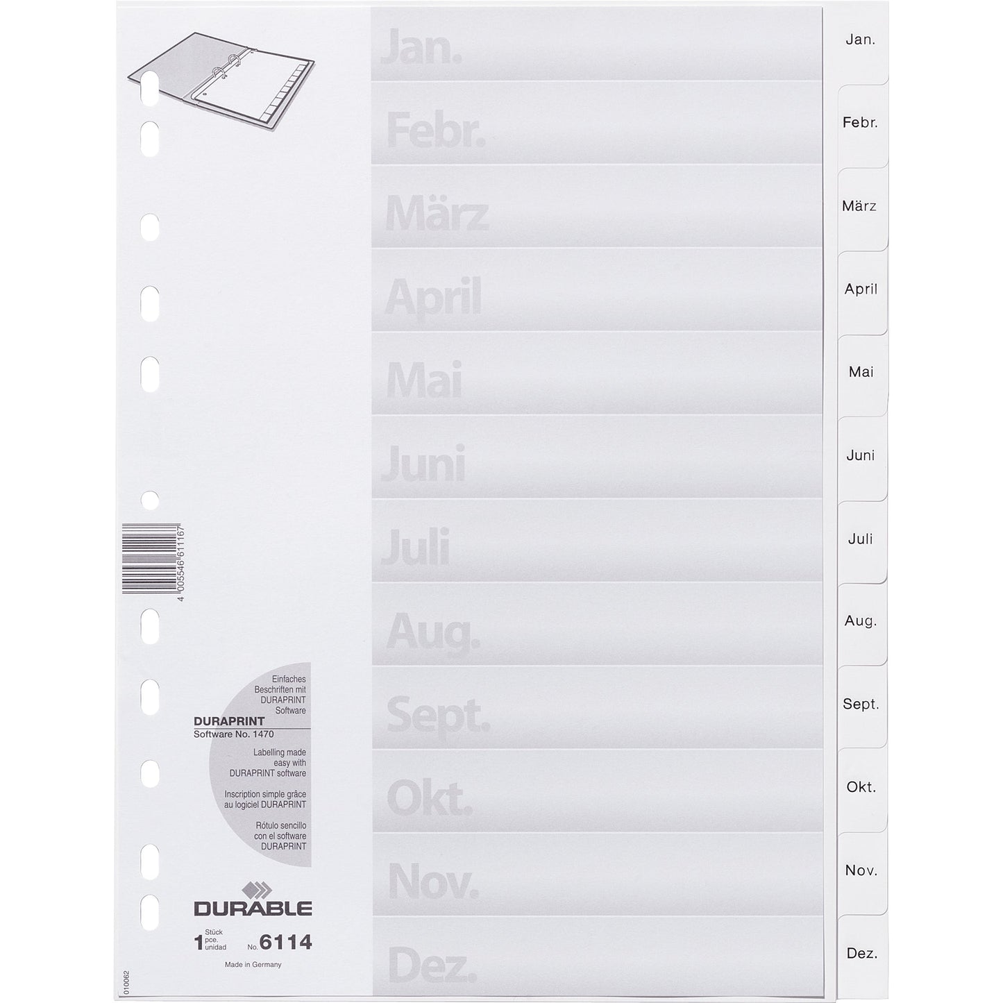 DURABLE Monatsregister 21,5/23 x 29,7 cm (B x H) DIN A4 Jan.-Dez. Polypropylen weiß 12 Registerblätter