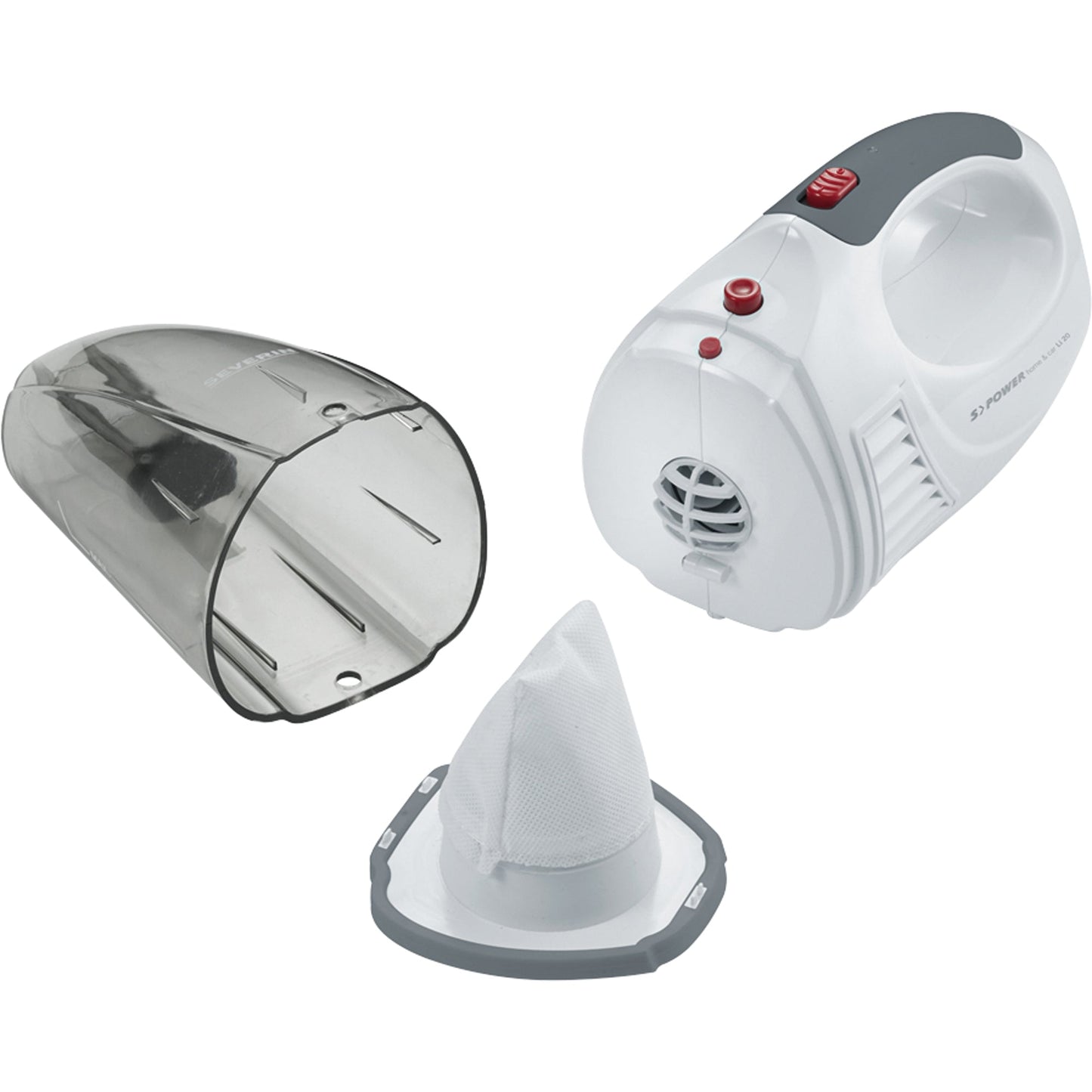 SEVERIN Handstaubsauger S´Power® Home & Car LI 20 0,2l inkl. Gummidüse, Fugendüse, Wandhalterung mit Ladeeinrichtung, 12 V Ladekabel für Zigarettenanzünder 1,2kg schneeweiß/granatrot