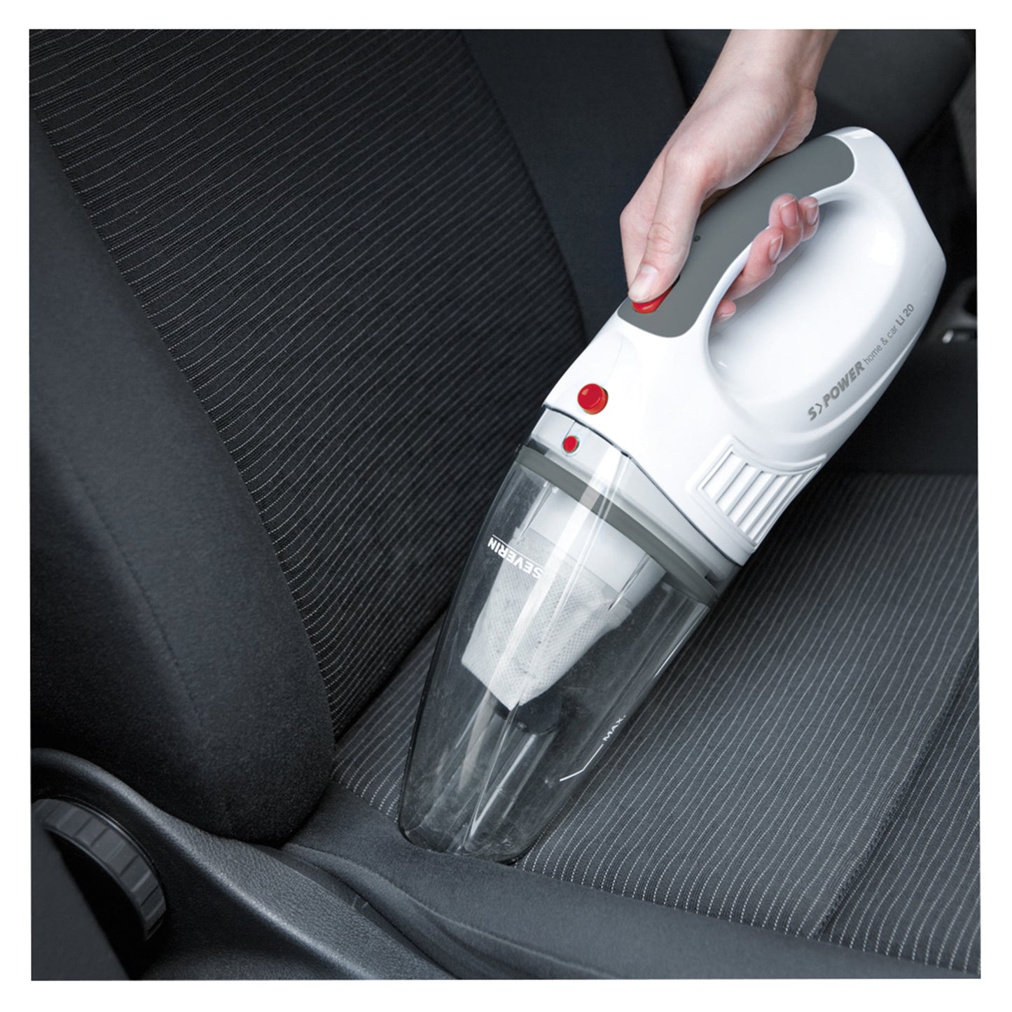 SEVERIN Handstaubsauger S´Power® Home & Car LI 20 0,2l inkl. Gummidüse, Fugendüse, Wandhalterung mit Ladeeinrichtung, 12 V Ladekabel für Zigarettenanzünder 1,2kg schneeweiß/granatrot