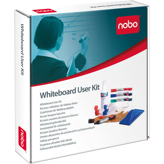 Nobo® Starterset Whiteboard 4 Nobo Liquid Ink Marker, 1 magnethaftender Tafelwischer, 5 Ersatz-Löschfilz, 1 magnethaftender Stiftehalter, 10 Magnete 25 mm, 10 Trockentücher (80 % Polyester, 20 % Polyamid), 1 Flasche Reinigungsspray (125 ml)