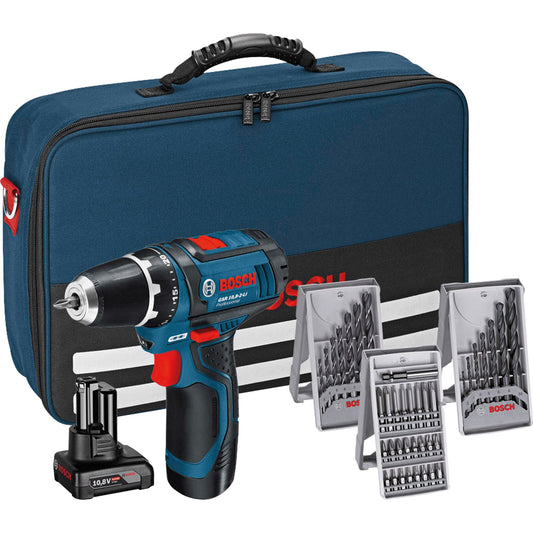 BOSCH Akkubohrschrauber GSR 12V-15 350 U/Min. Akku Li-Ion 10,8V inkl. 2 Akkus (2/4 Ah), Bitset (25-teilig), Holzbohrersetz (7-teilig, 3-10 mm), Metallbohrerset (7-teilig, 2-7 mm) blau