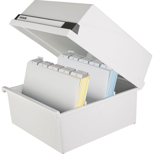 HAN Karteikasten 33 x 24,2 x 36,5 cm (B x H x T) DIN A4 quer 1.300 Karten Polystyrol lichtgrau 2 Stützplatten