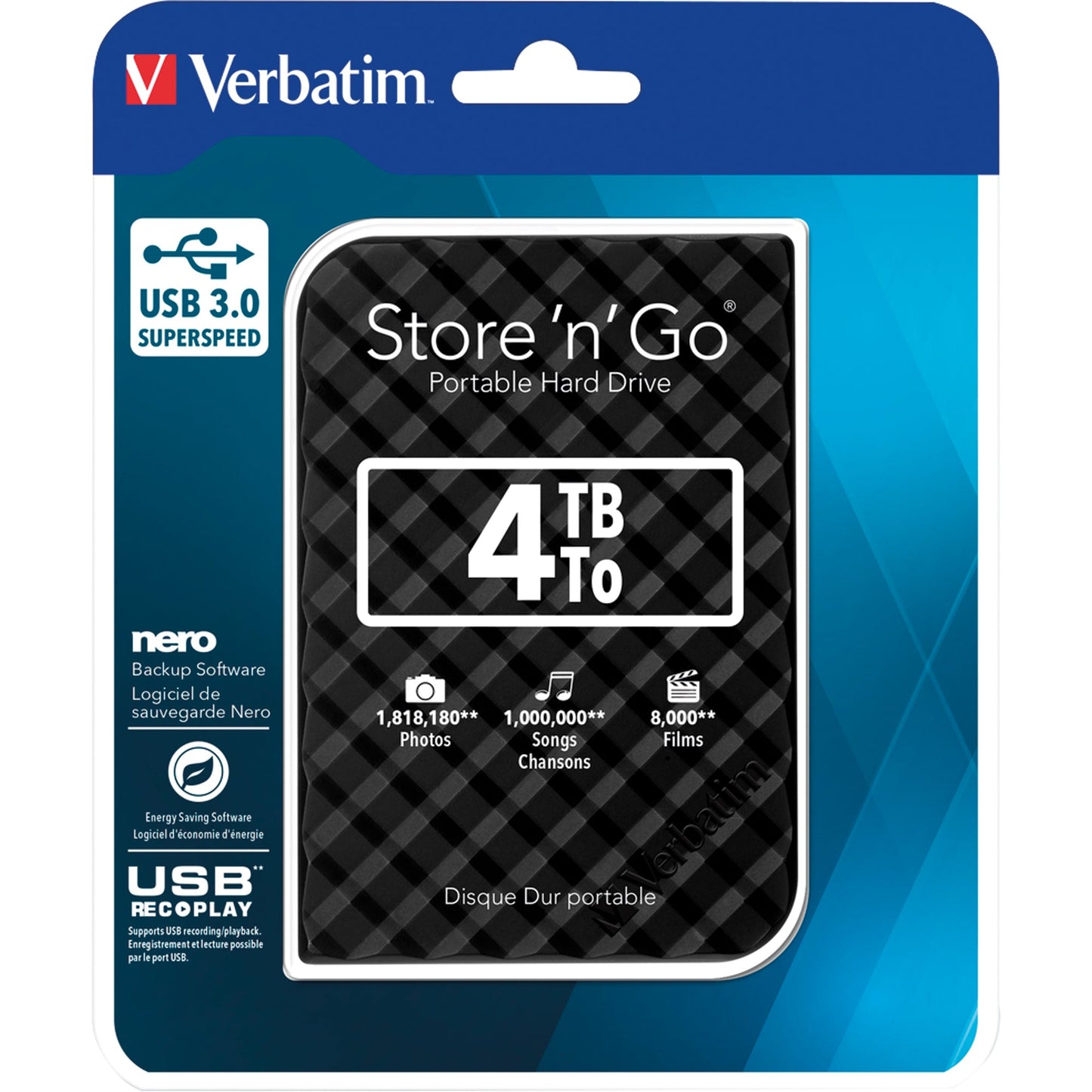 Verbatim Festplatte extern Store 'n' Go 119 x 81 x 14.5 mm (B x H x T) USB 3.0 4 Tbyte inkl. USB 3.0-Kabel, Kurzanleitung, Software-Paket für Windows® (Backup, Energiesparen, Formatierung, Eraser)