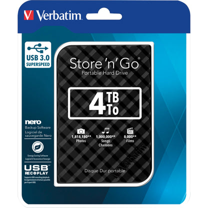 Verbatim Festplatte extern Store 'n' Go 119 x 81 x 14.5 mm (B x H x T) USB 3.0 4 Tbyte inkl. USB 3.0-Kabel, Kurzanleitung, Software-Paket für Windows® (Backup, Energiesparen, Formatierung, Eraser)