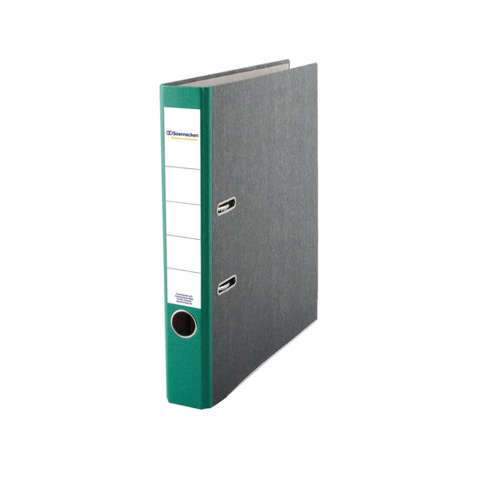 Soennecken Ordner 50mm DIN A4 Rückenschild: geklebt mit Schlitzen Werkstoff: Pappe Material außen: Papier Material innen: Papier grün