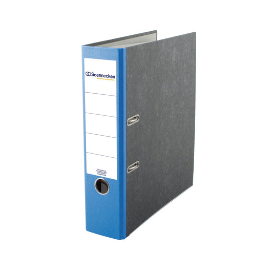Soennecken Ordner 80mm DIN A4 Rückenschild: geklebt mit Schlitzen Werkstoff: Pappe Material außen: Papier Material innen: Papier blau