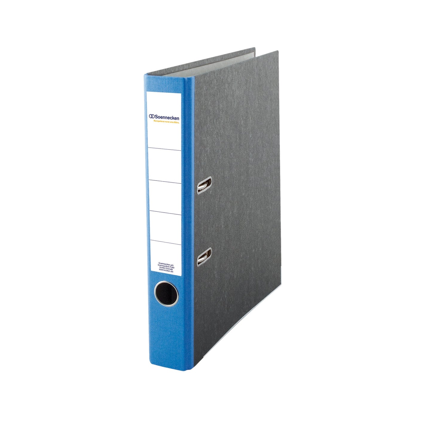 Soennecken Ordner 50mm DIN A4 Rückenschild: geklebt mit Schlitzen Werkstoff: Pappe Material außen: Papier Material innen: Papier blau