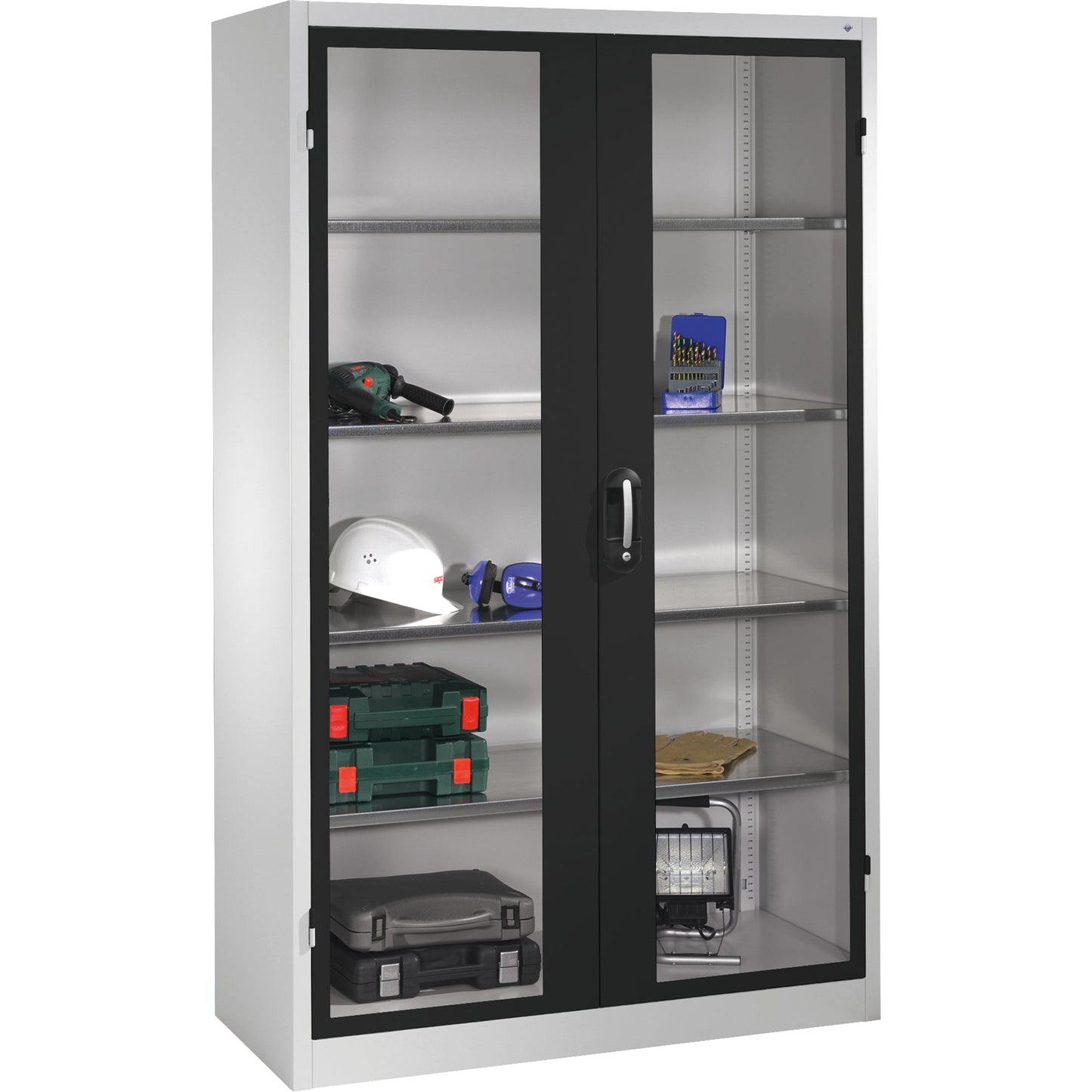 C+P Werkzeugschrank Serie 89 1.200 x 1.950 x 400 mm (B x H x T) Stahl, lackiert Farbe der Front: schwarzgrau Farbe des Korpus: lichtgrau