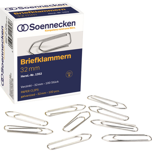 Soennecken Büroklammer spitze Form 32mm Metall, verzinkt silber 100 St./Pack.