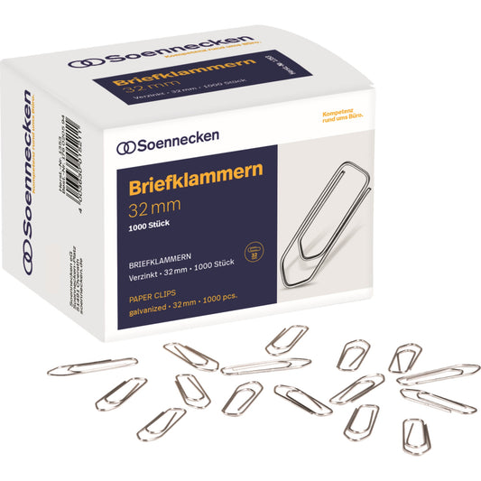 Soennecken Büroklammer spitze Form 32mm Metall, verzinkt silber 1.000 St./Pack.