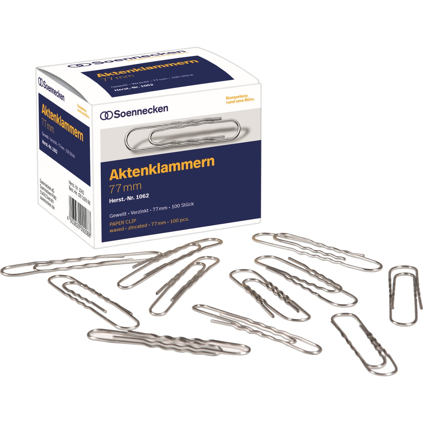 Soennecken Büroklammer gewellt, runde Form 77mm Metall, verzinkt silber 100 St./Pack.
