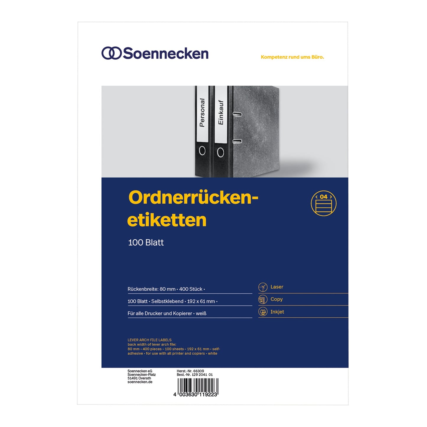 Soennecken Ordnerrückenetikett breit/kurz 61 x 192 mm (B x H) selbstklebend ohne Griffloch weiß 400 Etik./Pack.