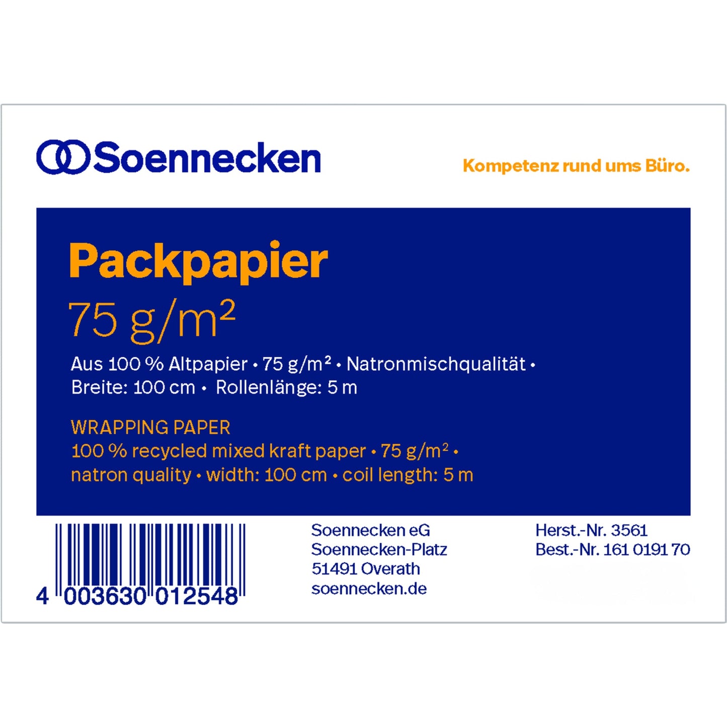 Soennecken Packpapierrolle 100 cm x 5 m (B x L) 75g/m² 100 % Altpapier natronbraun