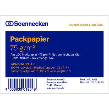 Soennecken Packpapierrolle 100 cm x 5 m (B x L) 75g/m² 100 % Altpapier natronbraun