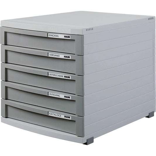 HAN Schubladenbox CONTUR 5 Schubladen DIN A4, DIN B4, DIN C4 Polystyrol Gehäusefarbe: lichtgrau Farbe der Schublade: dunkelgrau