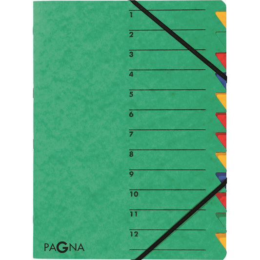 PAGNA Ordnungsmappe EASY DIN A4 225g/m² Pressspankarton Farbe: grün Farbe des Fächerblocks: mehrfarbig 12 Fächer