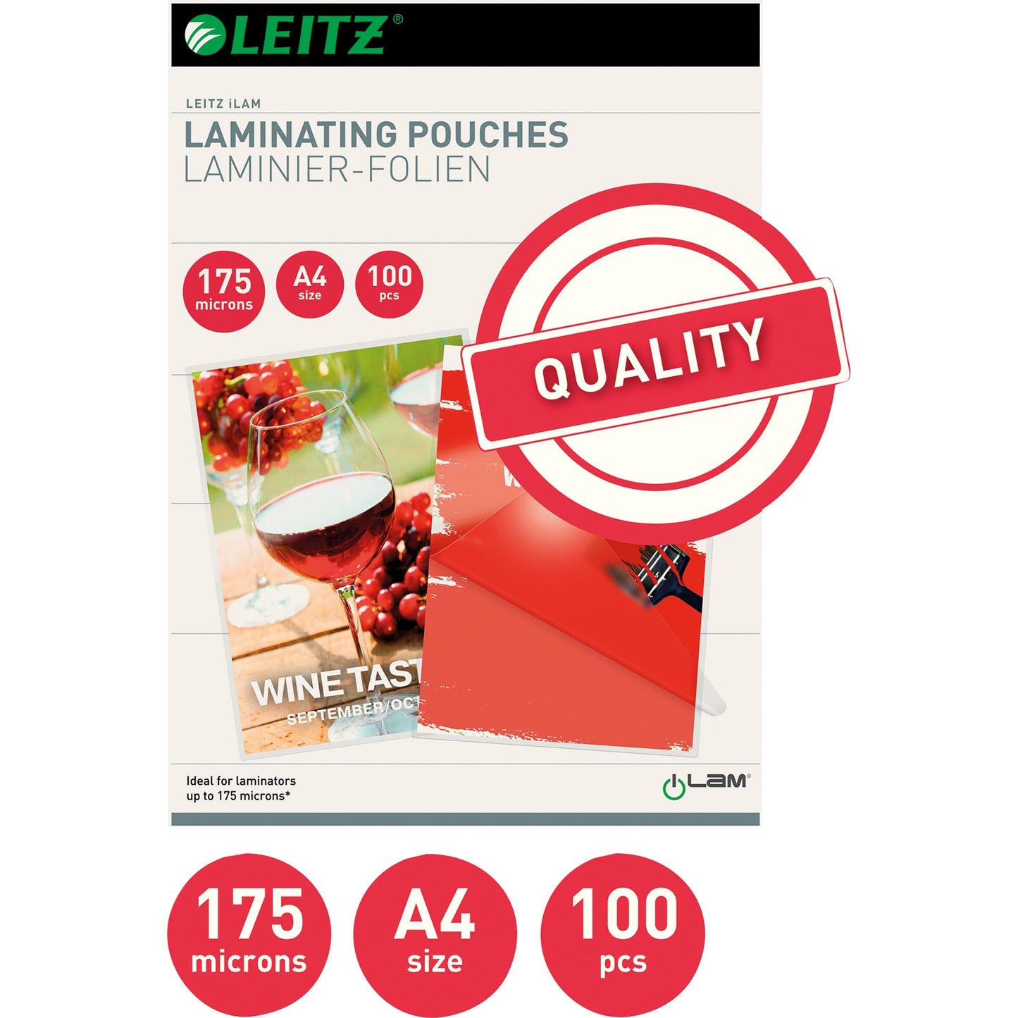 Leitz Laminierfolie 216 x 303 mm (B x H) DIN A4 175µm glänzend 100 St./Pack.
