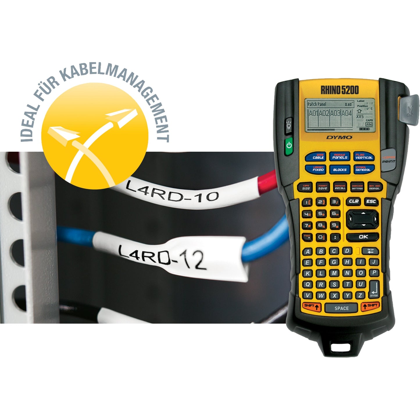 DYMO® Beschriftungsgerät RhinoT 5200 6 Schriftgrößen 5 Druckzeilen inkl. 2 Vinylbänder (12 und 19 mm, schwarz auf weiß), Akku Li-Ion, Netzteil, Kurzanleitung