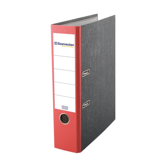 Soennecken Ordner 80mm DIN A4 Rückenschild: geklebt mit Schlitzen Werkstoff: Pappe Material außen: Papier Material innen: Papier rot