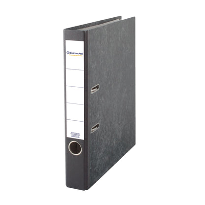 Soennecken Ordner 50mm DIN A4 Rückenschild: geklebt mit Schlitzen Werkstoff: Pappe Material außen: Papier Material innen: Papier schwarz