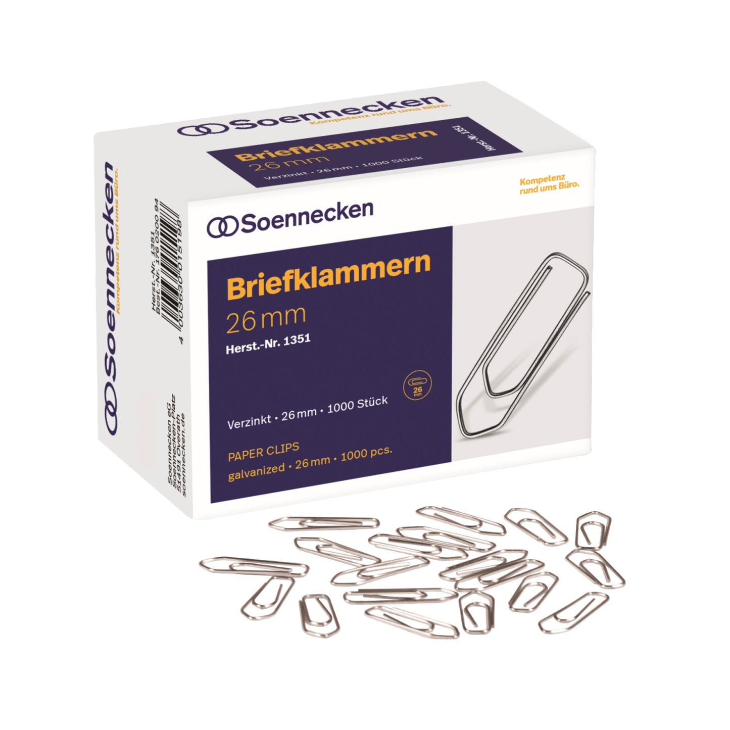 Soennecken Büroklammer spitze Form 26mm Metall, verzinkt silber 1.000 St./Pack.