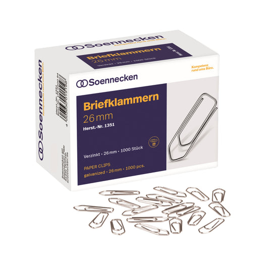 Soennecken Büroklammer spitze Form 26mm Metall, verzinkt silber 1.000 St./Pack.