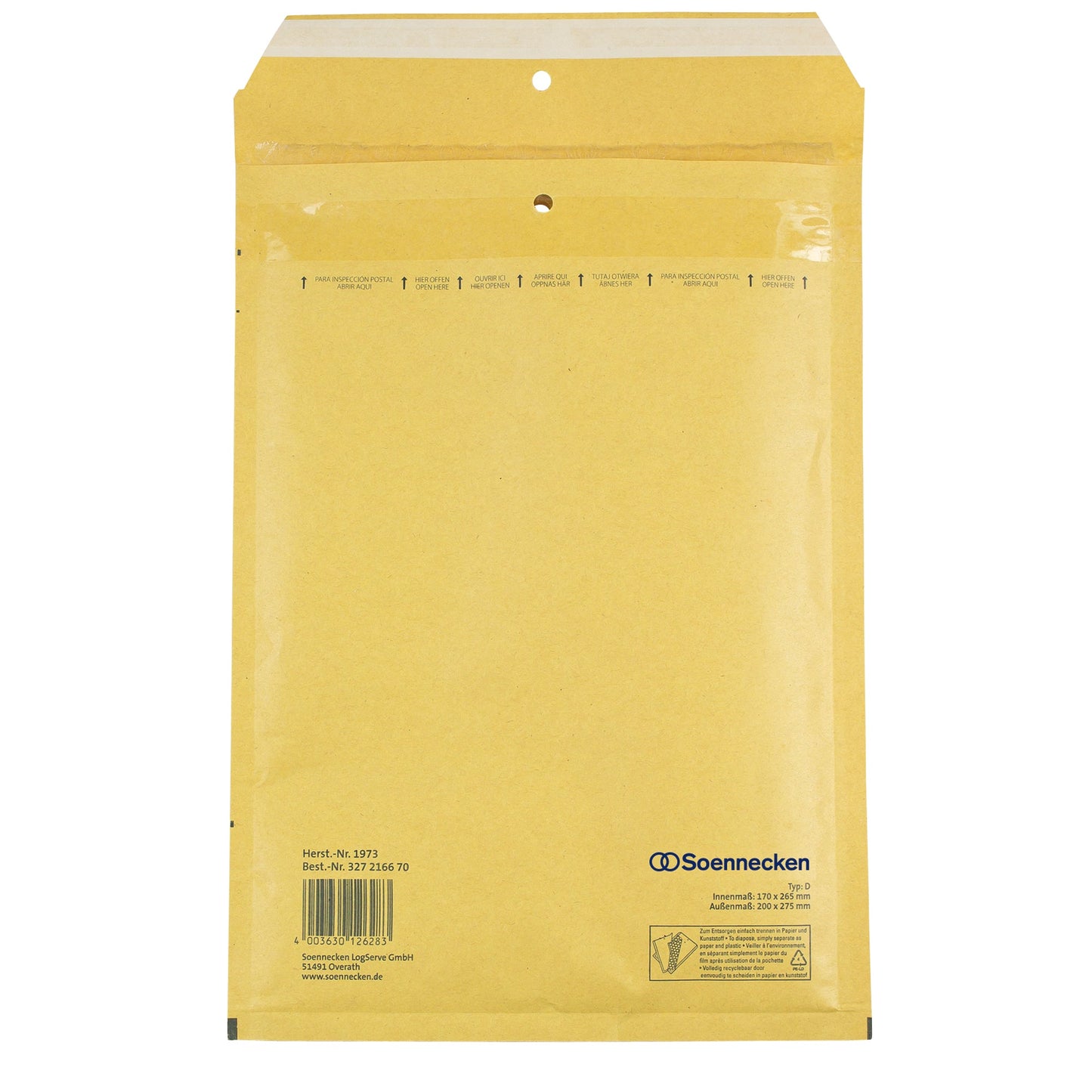 Soennecken Luftpolstertasche D/1 mit Adhäsionsverschluss, Haftklebung, Lochung für Klammer Kraftpapier natronbraun 100 St./Pack.