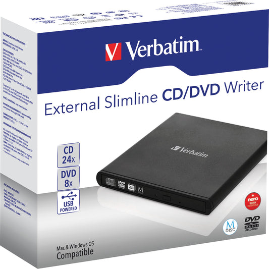 Verbatim Laufwerk extern Slimline CD/DVD 146 x 17 x 146 mm (B x H x T) USB 2.0 M-DISC Archivmedien Windows®, Mac universell inkl. Schnellstartanleitung schwarz