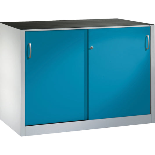 C+P Schiebetürenschrank Acurado 1.600 x 1.000 x 500 mm (B x H x T) 2 x 1 Fachboden Stahl, lackiert Farbe der Front: lichtblau Farbe des Korpus: lichtgrau