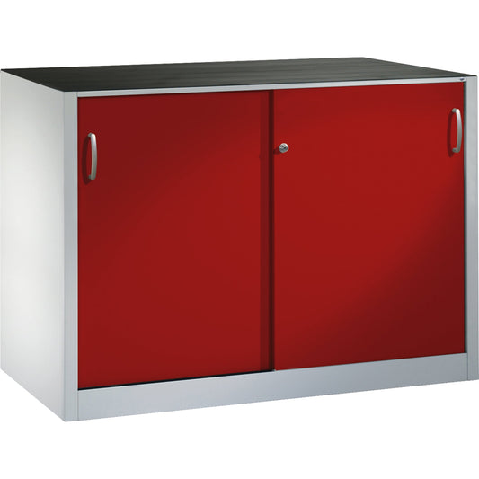 C+P Schiebetürenschrank Acurado 1.600 x 1.000 x 500 mm (B x H x T) 2 x 1 Fachboden Stahl, lackiert Farbe der Front: rubinrot Farbe des Korpus: lichtgrau