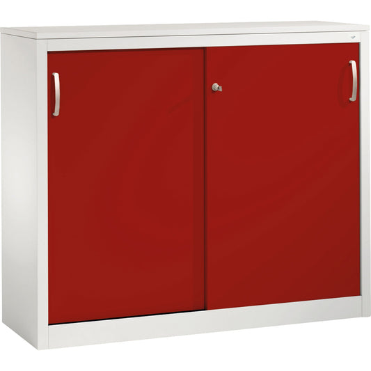 C+P Schiebetürenschrank Acurado 1.200 x 1.000 x 400 mm (B x H x T) 2 Fachböden Stahl, lackiert Farbe der Front: rubinrot Farbe des Korpus: lichtgrau