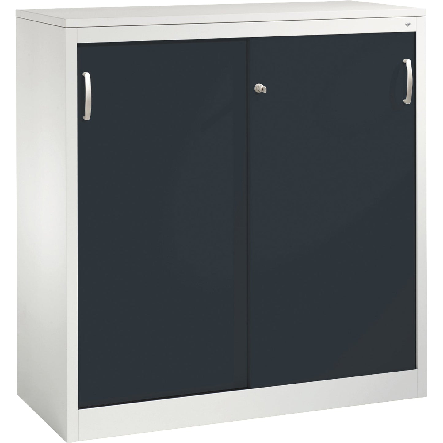 C+P Schiebetürenschrank Acurado 1.200 x 1.200 x 500 mm (B x H x T) 2 Fachböden Stahl, lackiert Farbe der Front: schwarzgrau Farbe des Korpus: lichtgrau