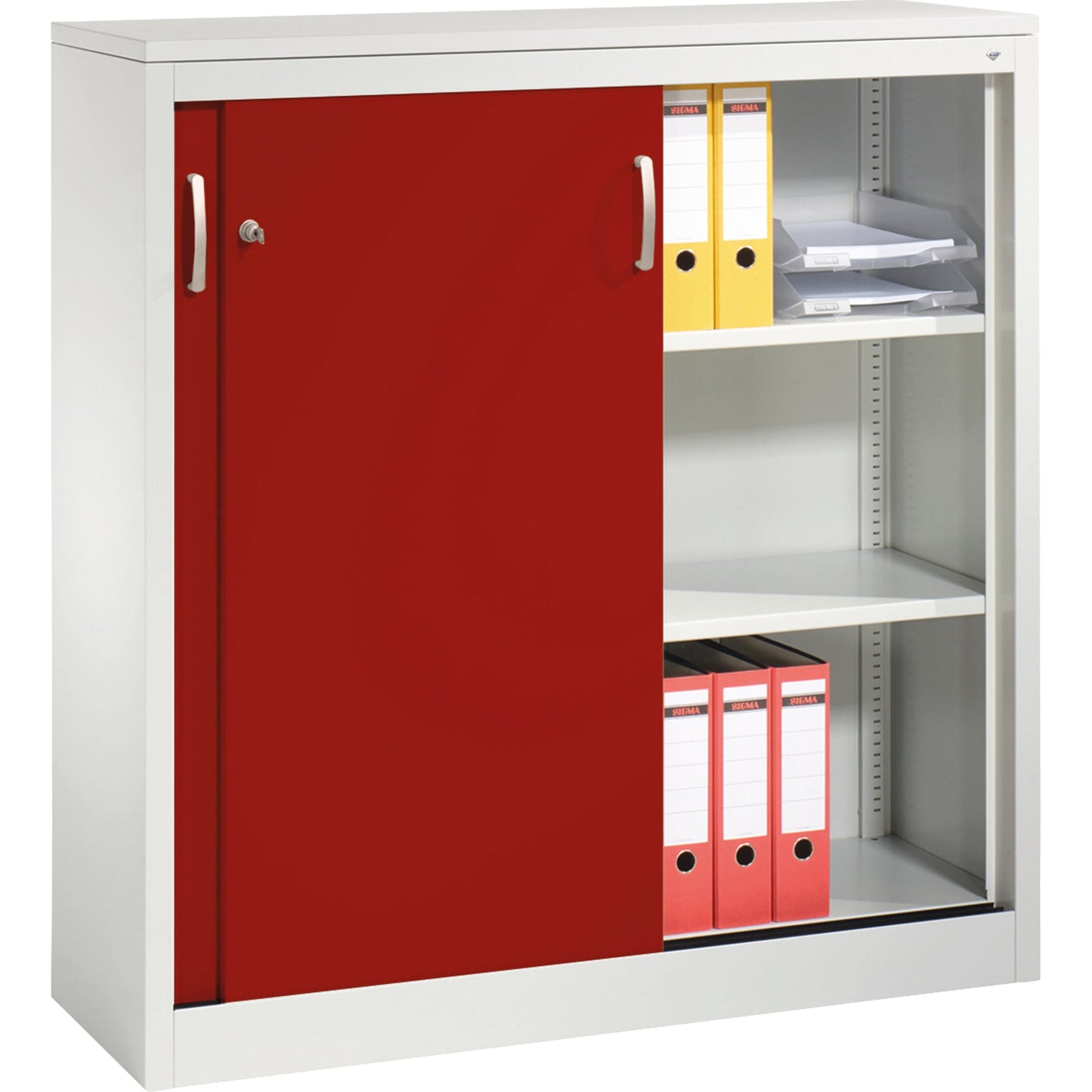 C+P Schiebetürenschrank Acurado 1.200 x 1.200 x 400 mm (B x H x T) 2 Fachböden Stahl, lackiert Farbe der Front: rubinrot Farbe des Korpus: lichtgrau