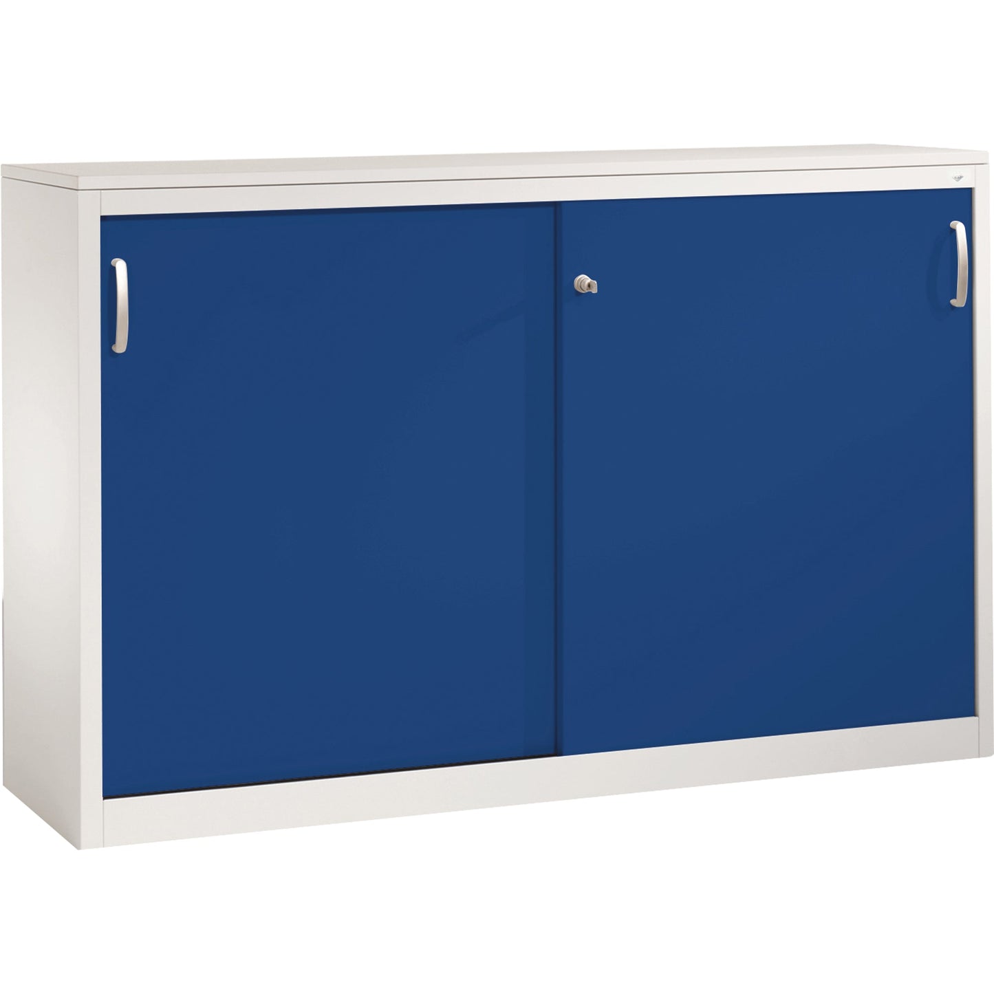 C+P Schiebetürenschrank Acurado 1.600 x 1.000 x 400 mm (B x H x T) 2 x 2 Fachböden Stahl, lackiert Farbe der Front: enzianblau Farbe des Korpus: lichtgrau