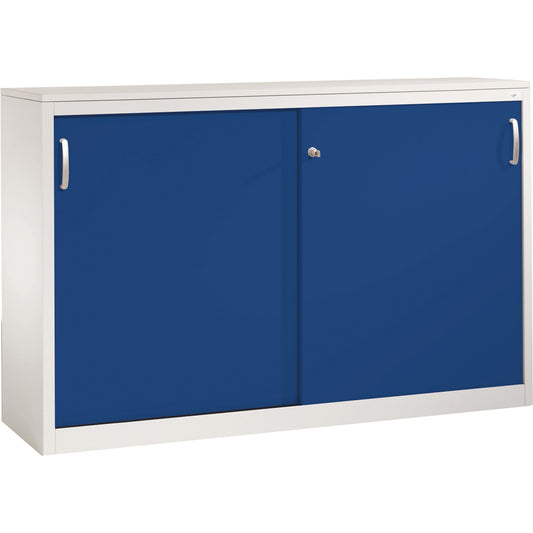 C+P Schiebetürenschrank Acurado 1.600 x 1.000 x 400 mm (B x H x T) 2 x 2 Fachböden Stahl, lackiert Farbe der Front: enzianblau Farbe des Korpus: lichtgrau