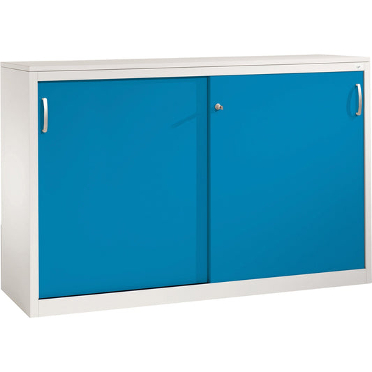 C+P Schiebetürenschrank Acurado 1.600 x 1.000 x 400 mm (B x H x T) 2 x 2 Fachböden Stahl, lackiert Farbe der Front: lichtblau Farbe des Korpus: lichtgrau