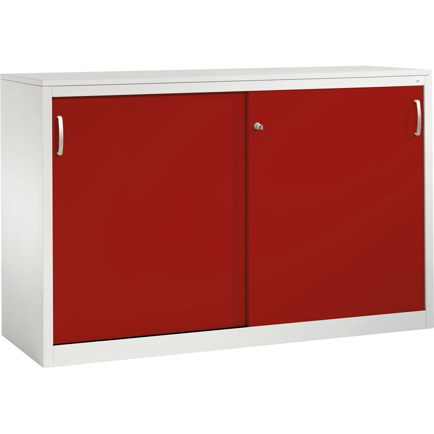 C+P Schiebetürenschrank Acurado 1.600 x 1.000 x 500 mm (B x H x T) 2 x 2 Fachböden Stahl, lackiert Farbe der Front: rubinrot Farbe des Korpus: lichtgrau