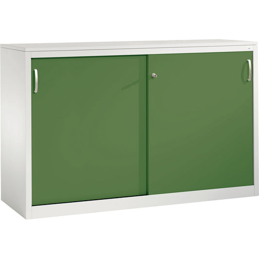 C+P Schiebetürenschrank Acurado 1.600 x 1.000 x 500 mm (B x H x T) 2 x 2 Fachböden Stahl, lackiert Farbe der Front: resedagrün Farbe des Korpus: lichtgrau
