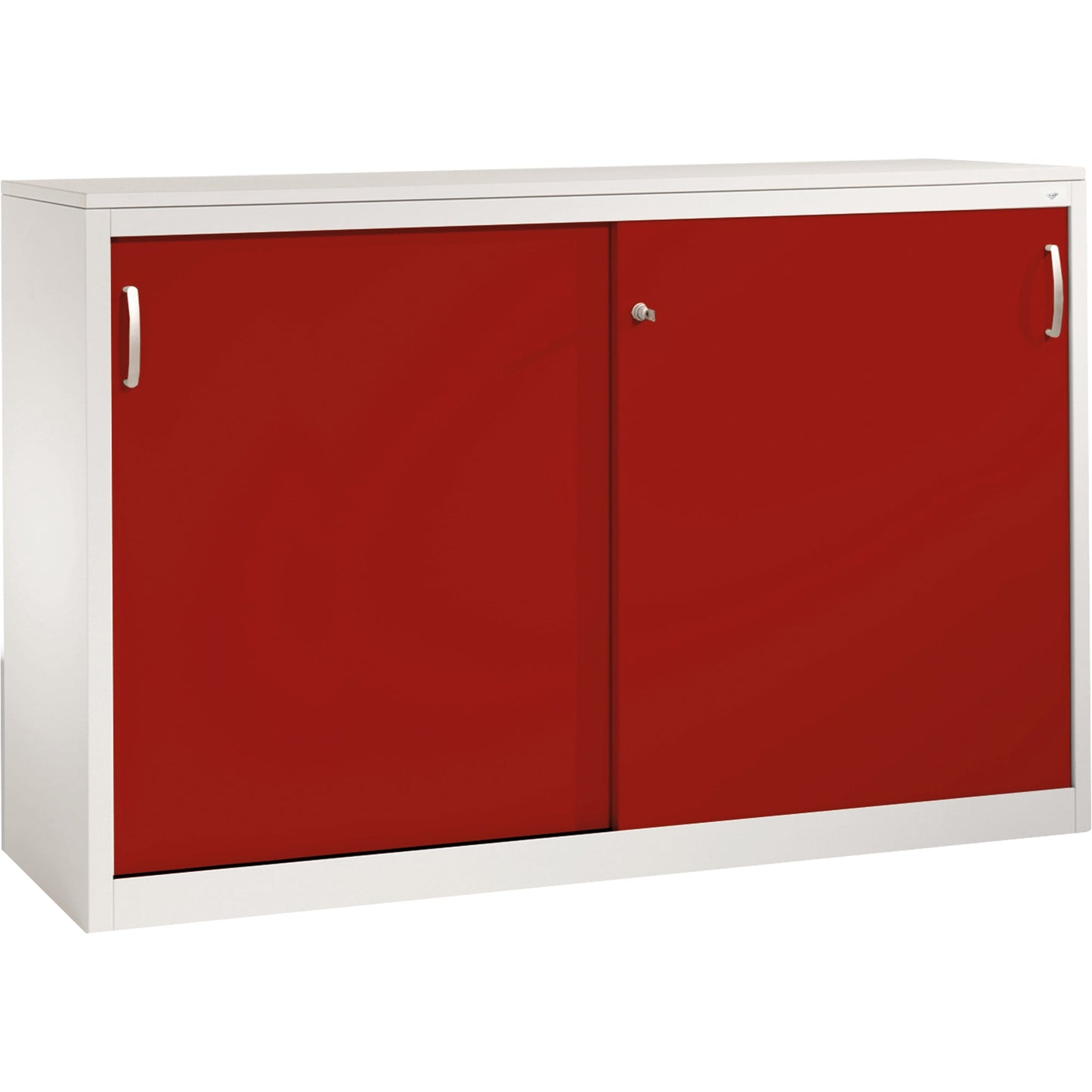 C+P Schiebetürenschrank Acurado 1.600 x 1.000 x 400 mm (B x H x T) 2 x 2 Fachböden Stahl, lackiert Farbe der Front: rubinrot Farbe des Korpus: lichtgrau