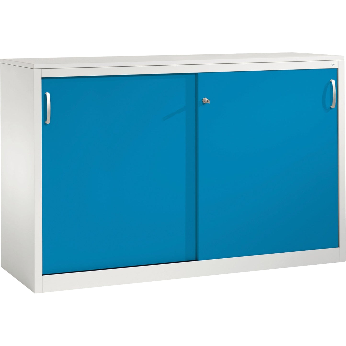 C+P Schiebetürenschrank Acurado 1.600 x 1.000 x 500 mm (B x H x T) 2 x 2 Fachböden Stahl, lackiert Farbe der Front: lichtblau Farbe des Korpus: lichtgrau