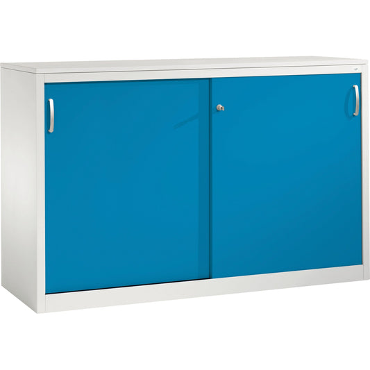 C+P Schiebetürenschrank Acurado 1.600 x 1.000 x 500 mm (B x H x T) 2 x 2 Fachböden Stahl, lackiert Farbe der Front: lichtblau Farbe des Korpus: lichtgrau