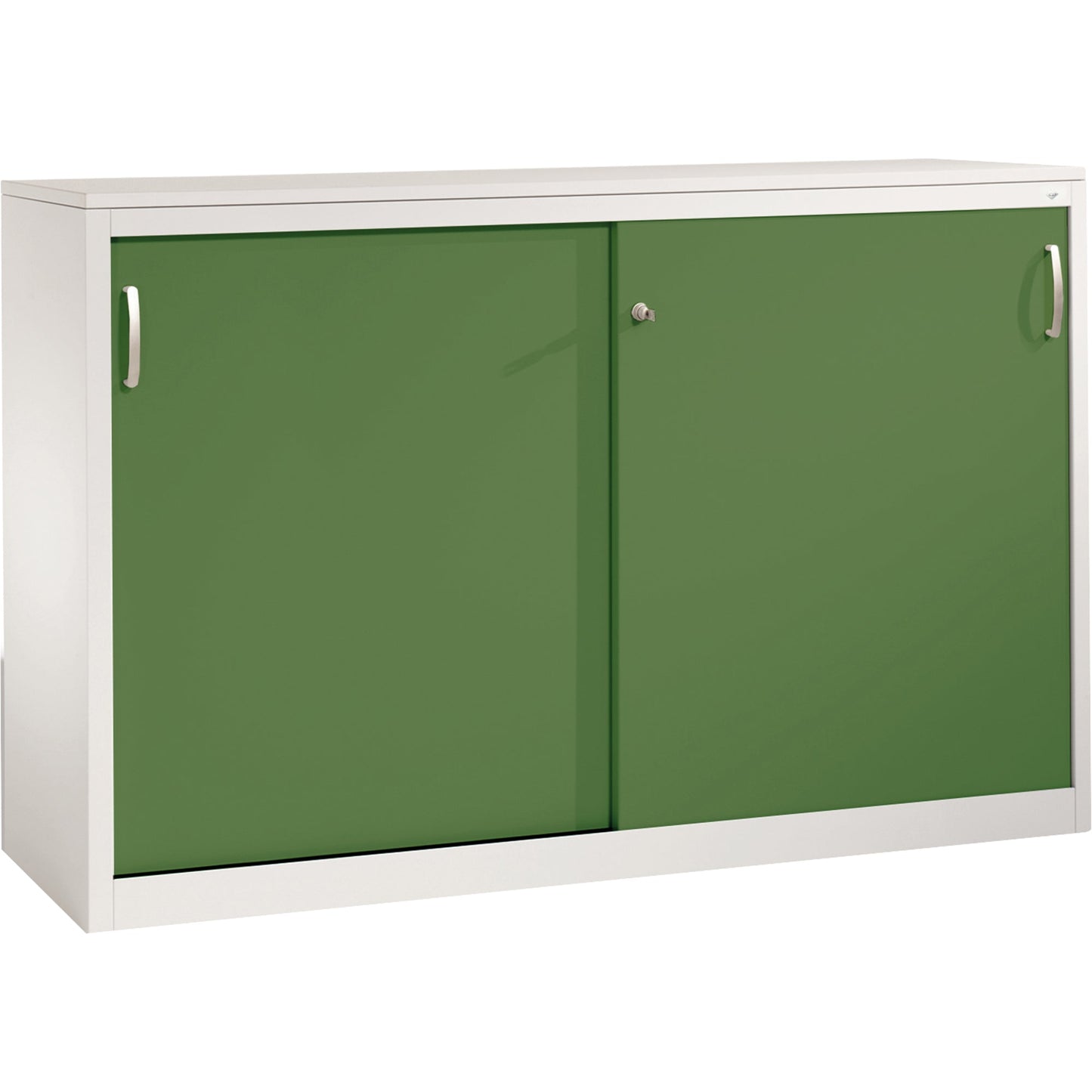 C+P Schiebetürenschrank Acurado 1.600 x 1.000 x 400 mm (B x H x T) 2 x 2 Fachböden Stahl, lackiert Farbe der Front: resedagrün Farbe des Korpus: lichtgrau