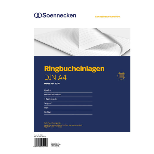 Soennecken Ringbucheinlage DIN A4 liniert 70g/m² 4fach Lochung weiß 50 Bl./Pack.