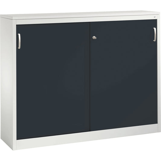 C+P Schiebetürenschrank Acurado 1.600 x 1.200 x 400 mm (B x H x T) 2 x 2 Fachböden Stahl, lackiert Farbe der Front: schwarzgrau Farbe des Korpus: lichtgrau