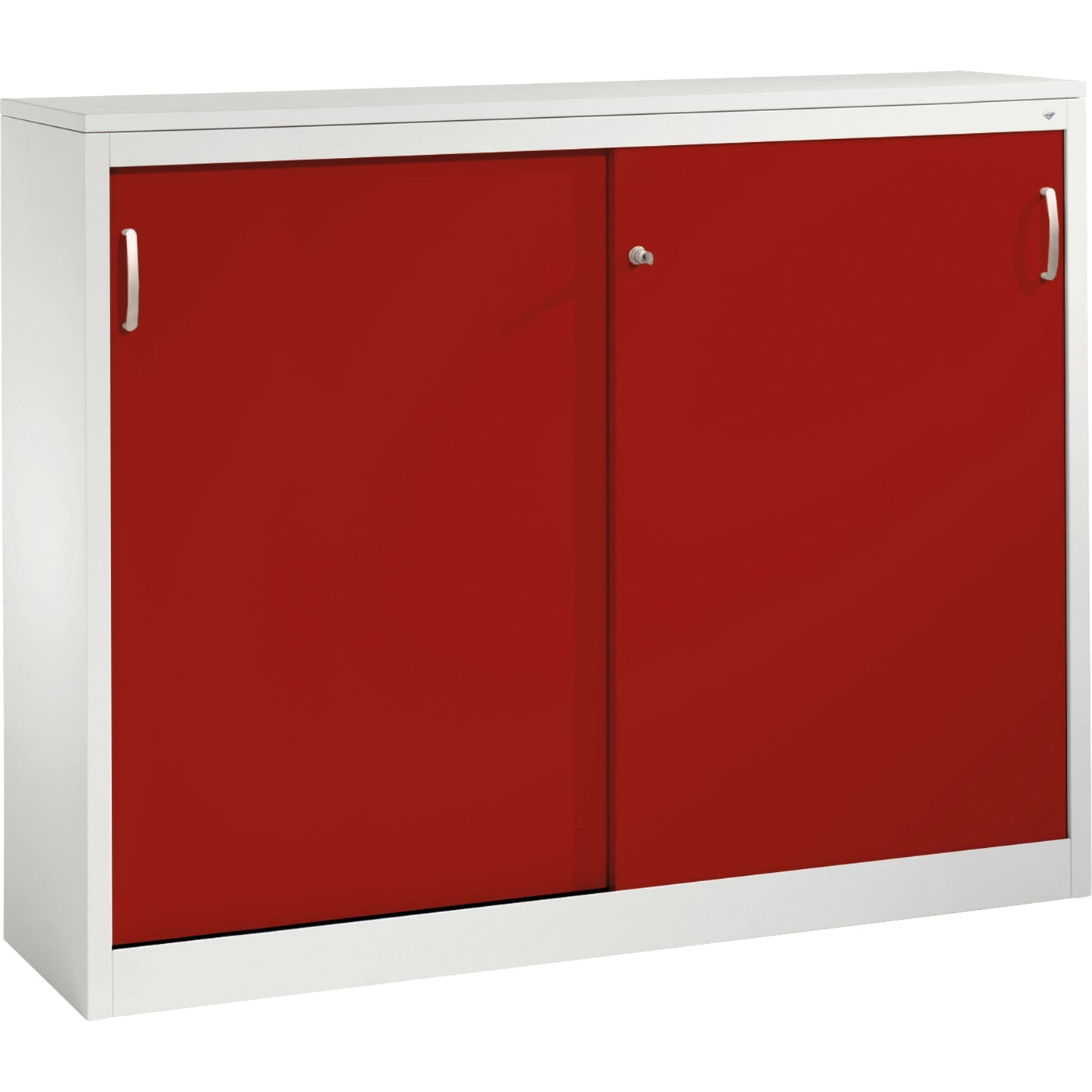 C+P Schiebetürenschrank Acurado 1.600 x 1.200 x 400 mm (B x H x T) 2 x 2 Fachböden Stahl, lackiert Farbe der Front: rubinrot Farbe des Korpus: lichtgrau