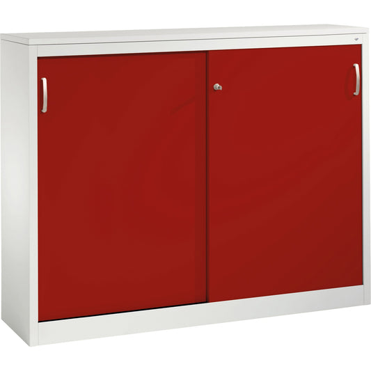 C+P Schiebetürenschrank Acurado 1.600 x 1.200 x 400 mm (B x H x T) 2 x 2 Fachböden Stahl, lackiert Farbe der Front: rubinrot Farbe des Korpus: lichtgrau