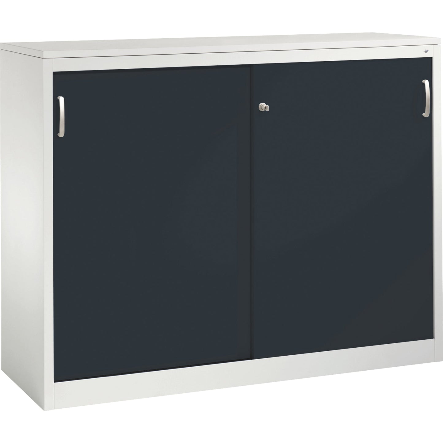 C+P Schiebetürenschrank Acurado 1.600 x 1.200 x 500 mm (B x H x T) 2 x 2 Fachböden Stahl, lackiert Farbe der Front: schwarzgrau Farbe des Korpus: lichtgrau