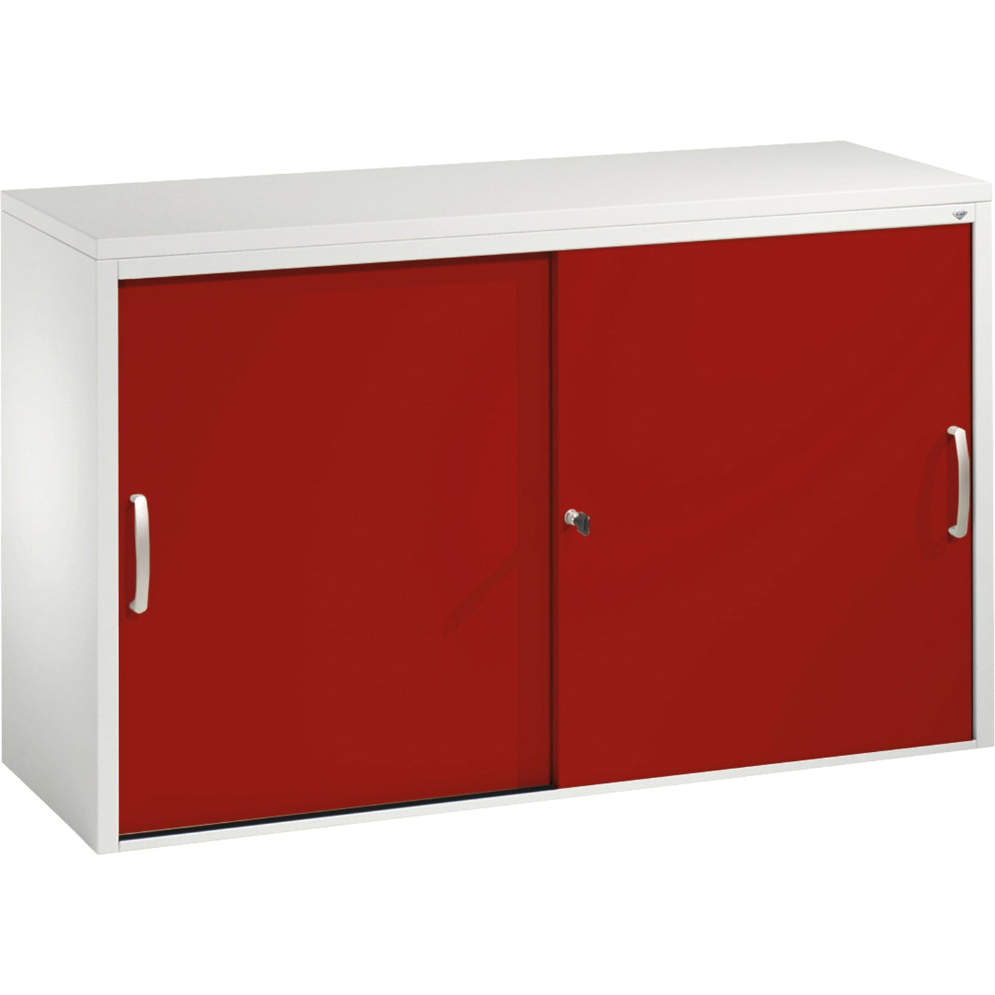 C+P Schiebetürenschrank Acurado 1.200 x 720 x 400 mm (B x H x T) 2 Fachböden Stahl, lackiert Farbe der Front: rubinrot Farbe des Korpus: lichtgrau